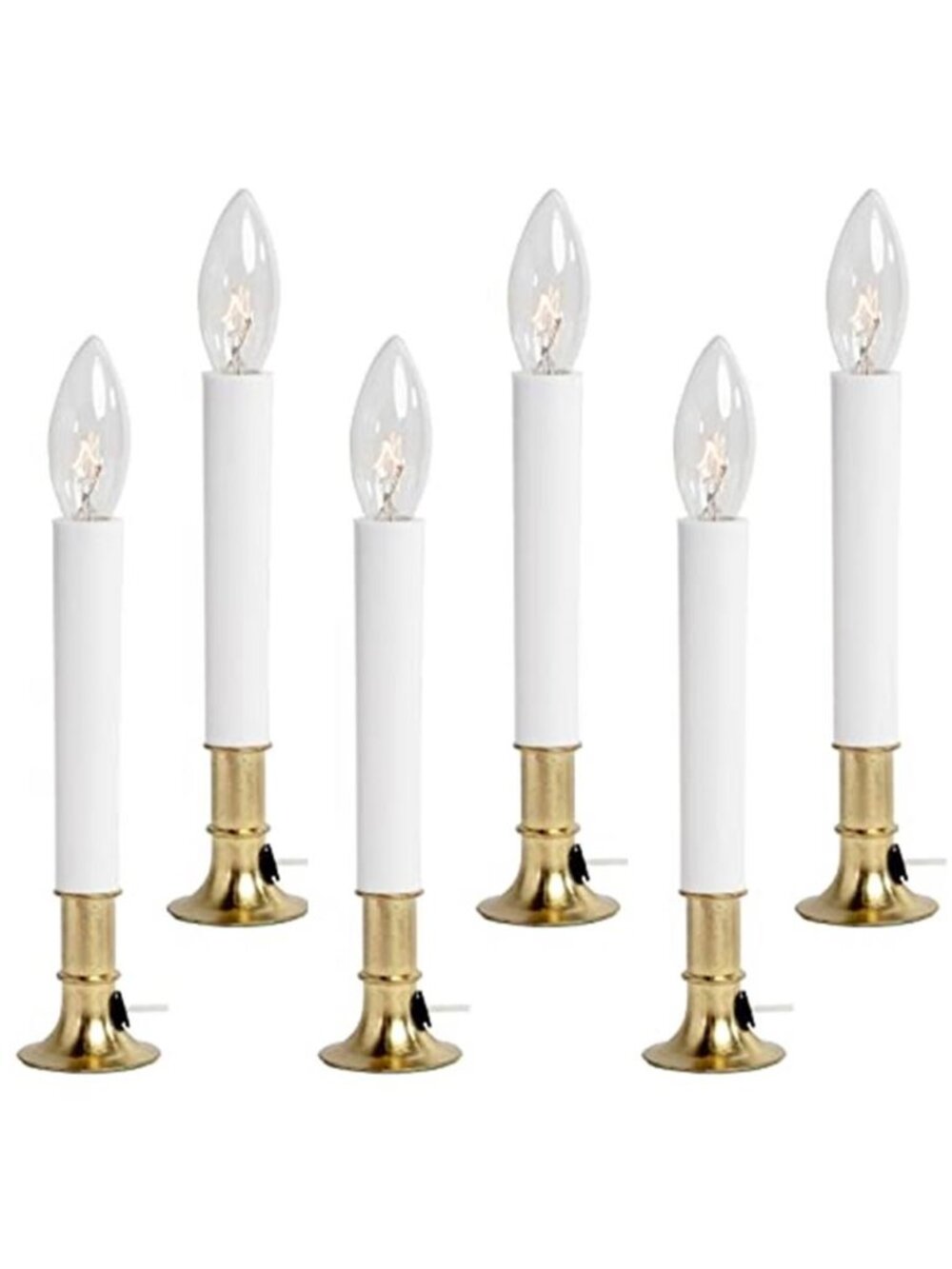 Pack of 6 Electric Window Candle with On/Off Switch, Light Bulb, Brass Plated